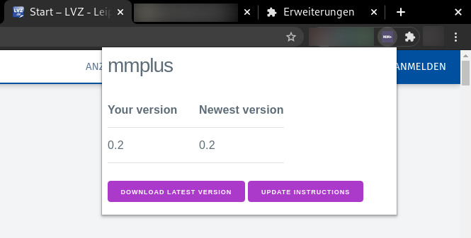 Versions Übersicht in der Erweiterung